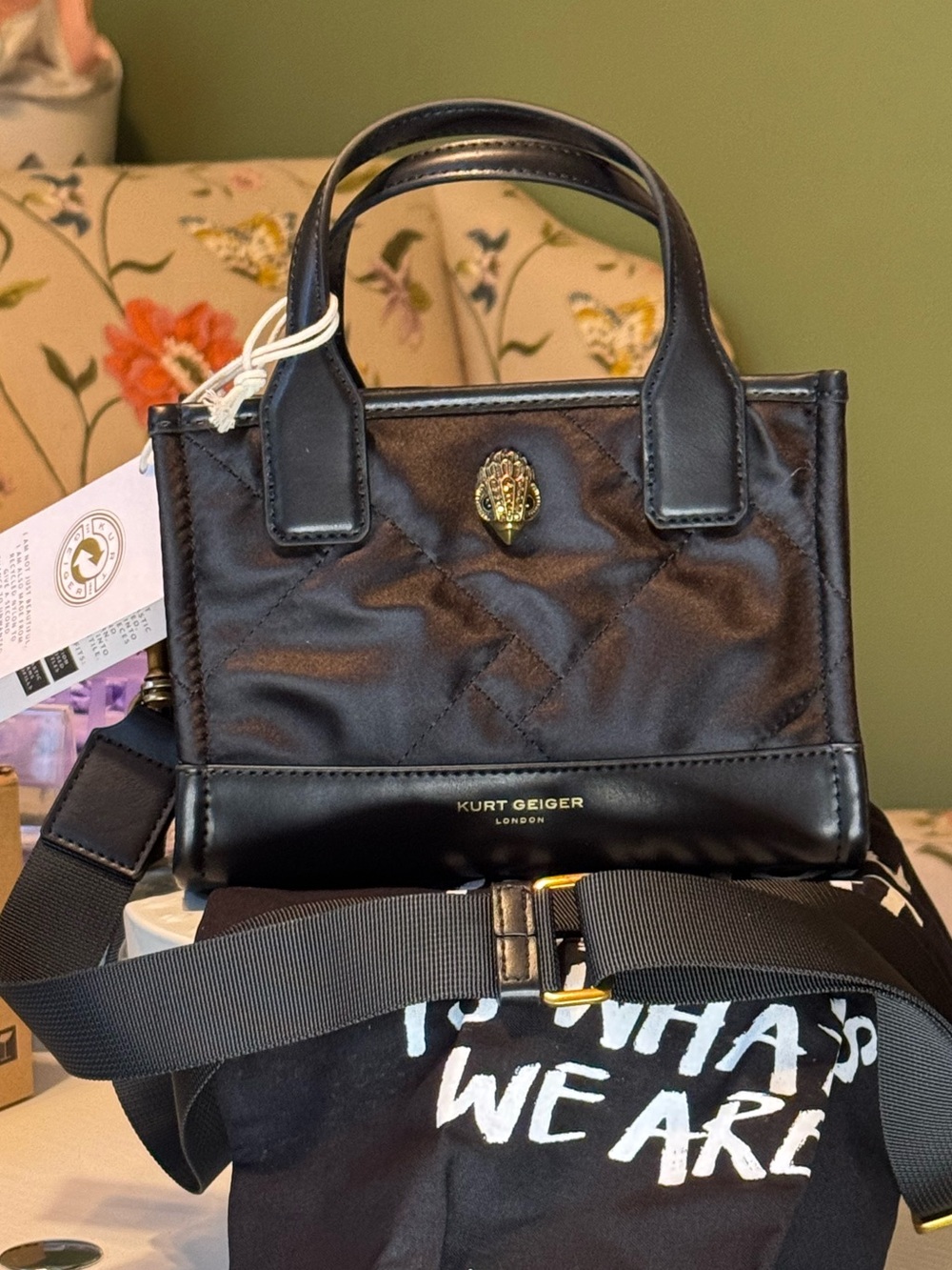 Kurt Geiger Black Quilted Mini Tote with Crossbody strap. NEW, NWT